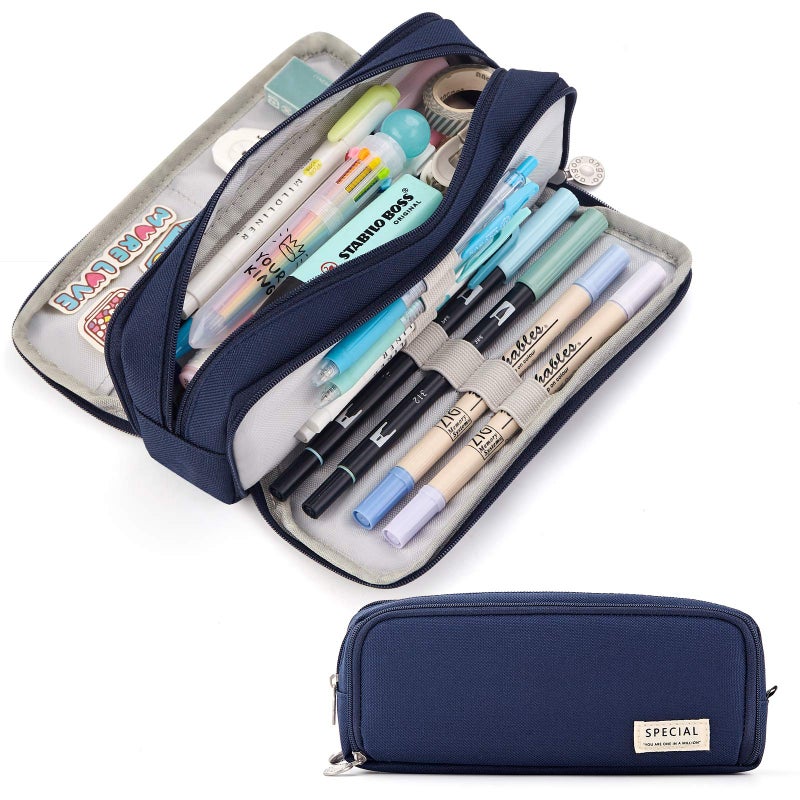 CICIMELON Large Capacity Pencil Case 3 Compartment Pouch Pen Bag for School Teen Girl Boy Men Women (Navy) - Image 1
